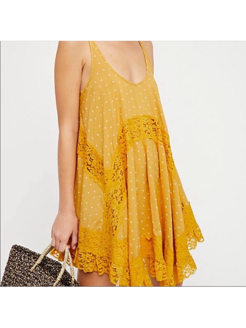 Free people SHE SWINGS slip dress lace Yellow Boho Size Small